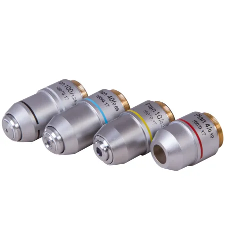 Levenhuk MED 900 Plan Achromatic Objectives Set, 4x, 10x, 40xs, 100xs (oil)