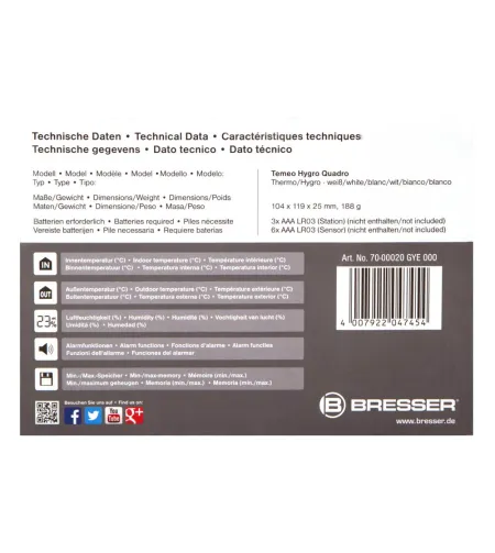 Bresser Temeo Hygro Quadro Ilmajaam, valge